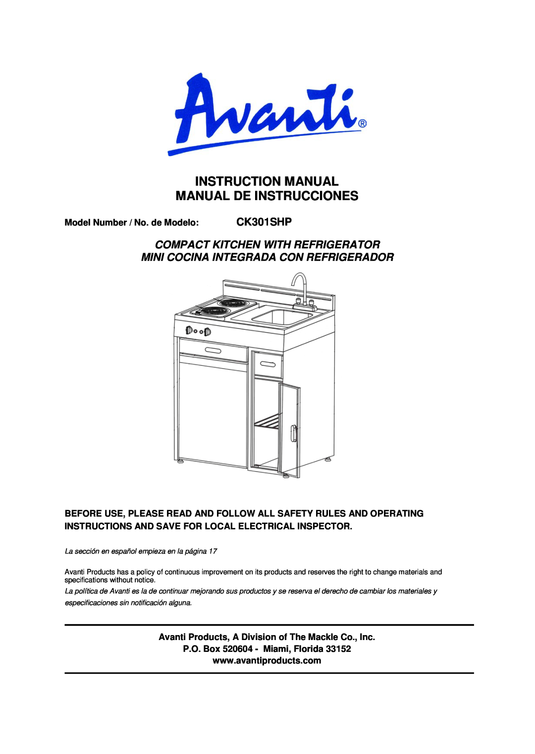 Avanti CK301SHP instruction manual Instruction Manual Manual De Instrucciones, Compact Kitchen With Refrigerator 