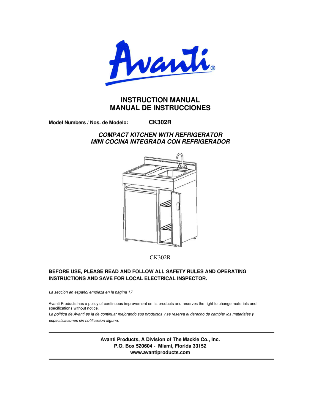 Avanti CK302R instruction manual Manual DE Instrucciones, Model Numbers / Nos. de Modelo 