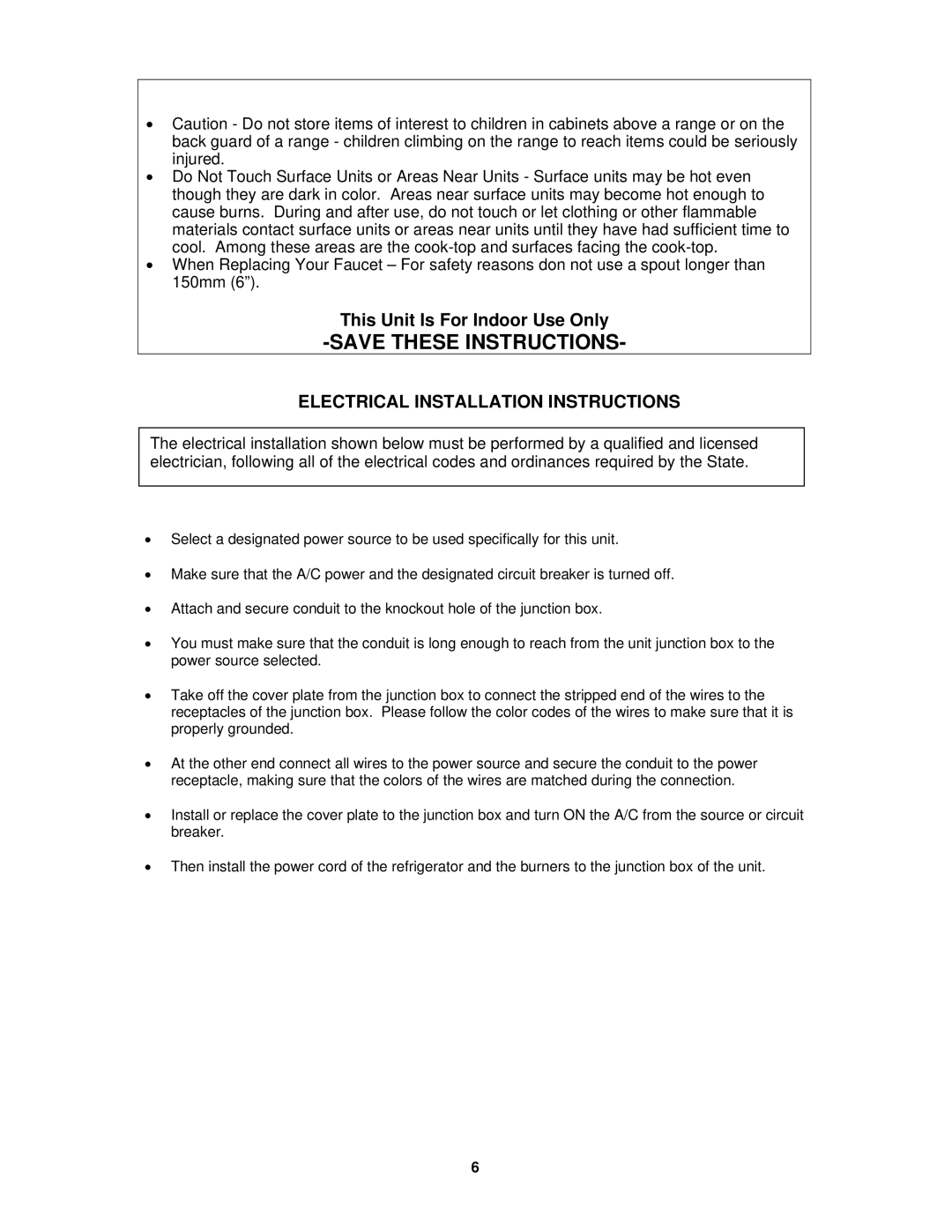 Avanti CK302R instruction manual Electrical Installation Instructions 