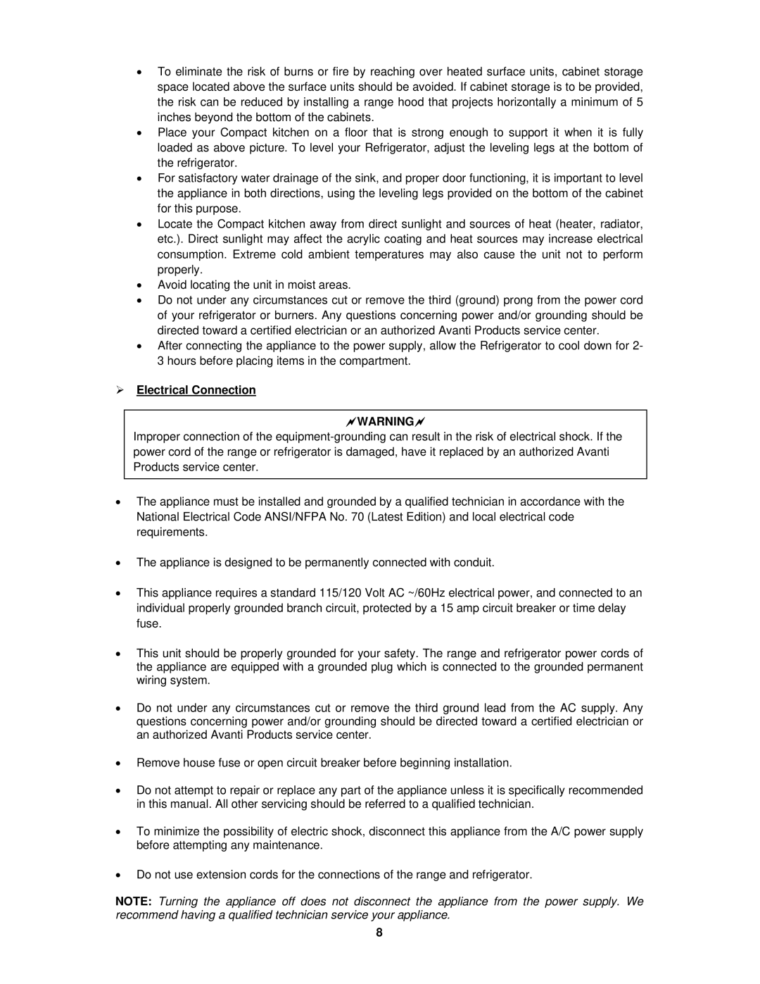 Avanti CK302R instruction manual  Electrical Connection, Warning 