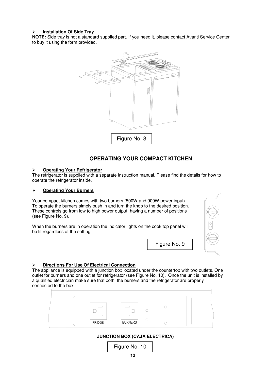 Avanti CK36-1 Operating Your Compact Kitchen,  Installation Of Side Tray,  Directions For Use Of Electrical Connection 