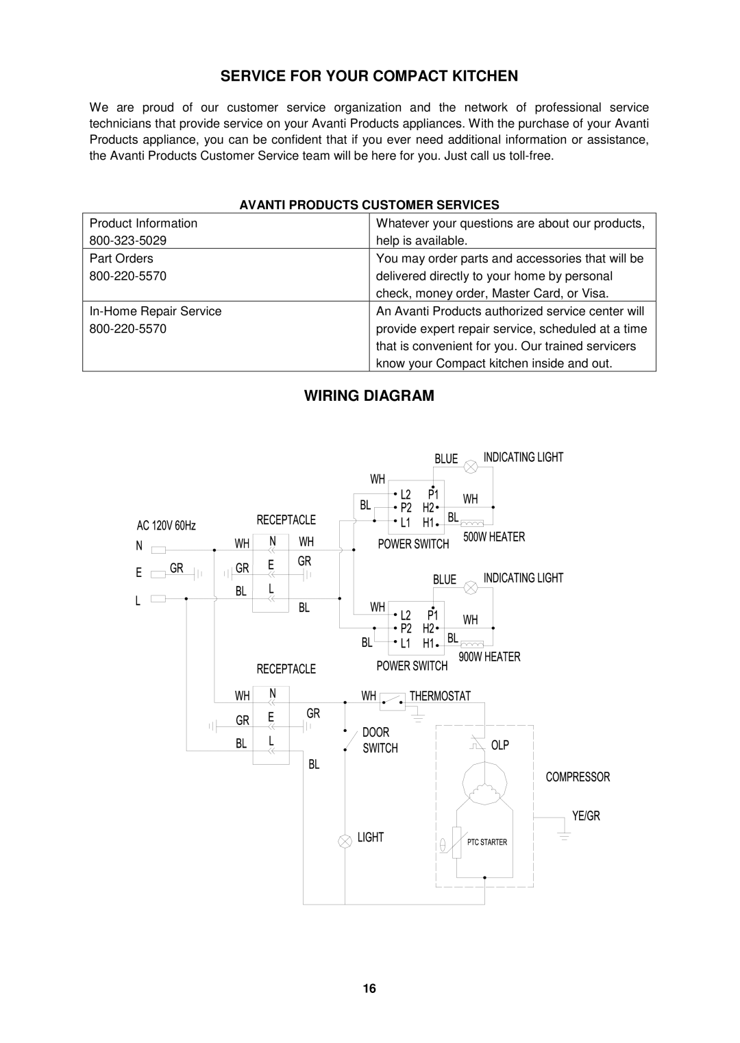 Avanti CK36-1 instruction manual Service for Your Compact Kitchen, Wiring Diagram, Avanti Products Customer Services 