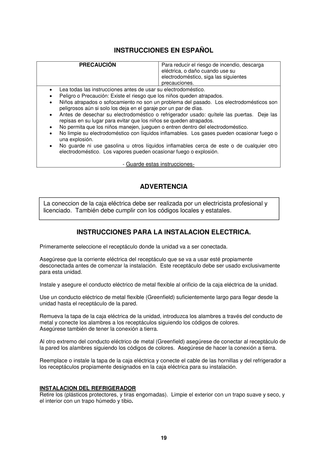 Avanti CK36-1 Instrucciones EN Español, Advertencia, Instrucciones Para LA Instalacion Electrica, Precaución 