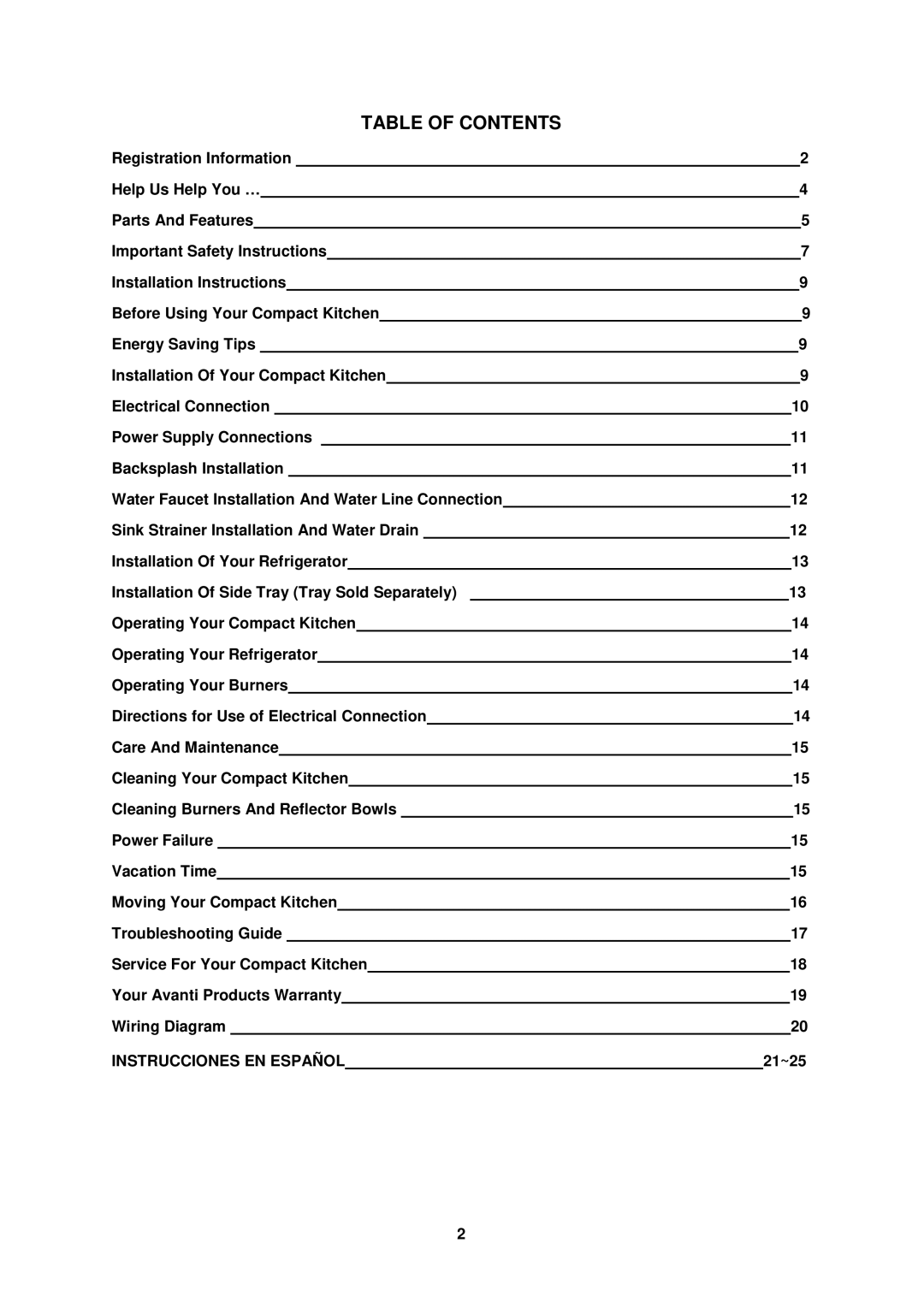 Avanti CK36-1 instruction manual Table of Contents 