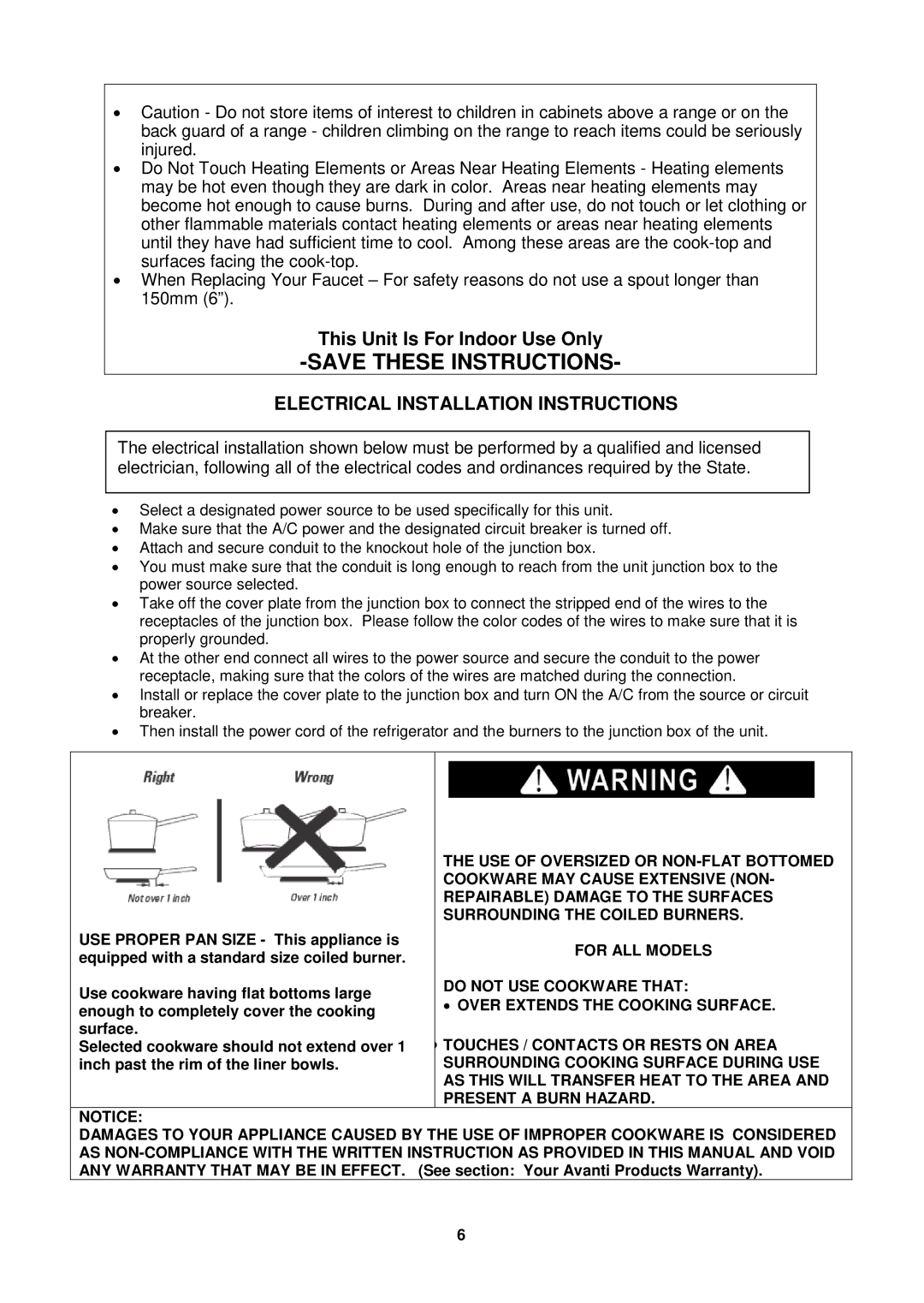 Avanti CK36-1 instruction manual Electrical Installation Instructions 