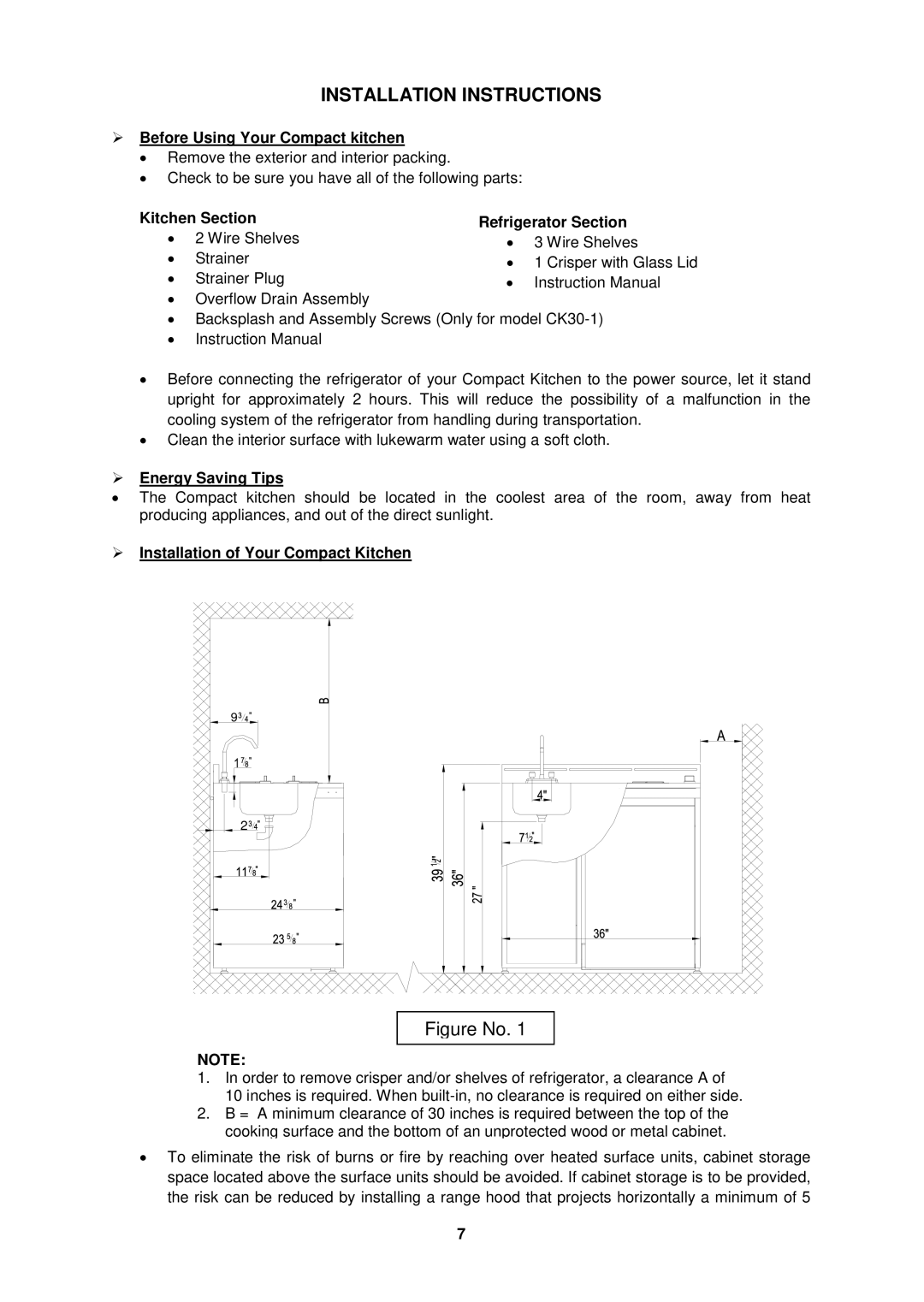 Avanti CK36-1 Installation Instructions,  Before Using Your Compact kitchen, Kitchen Section Refrigerator Section 