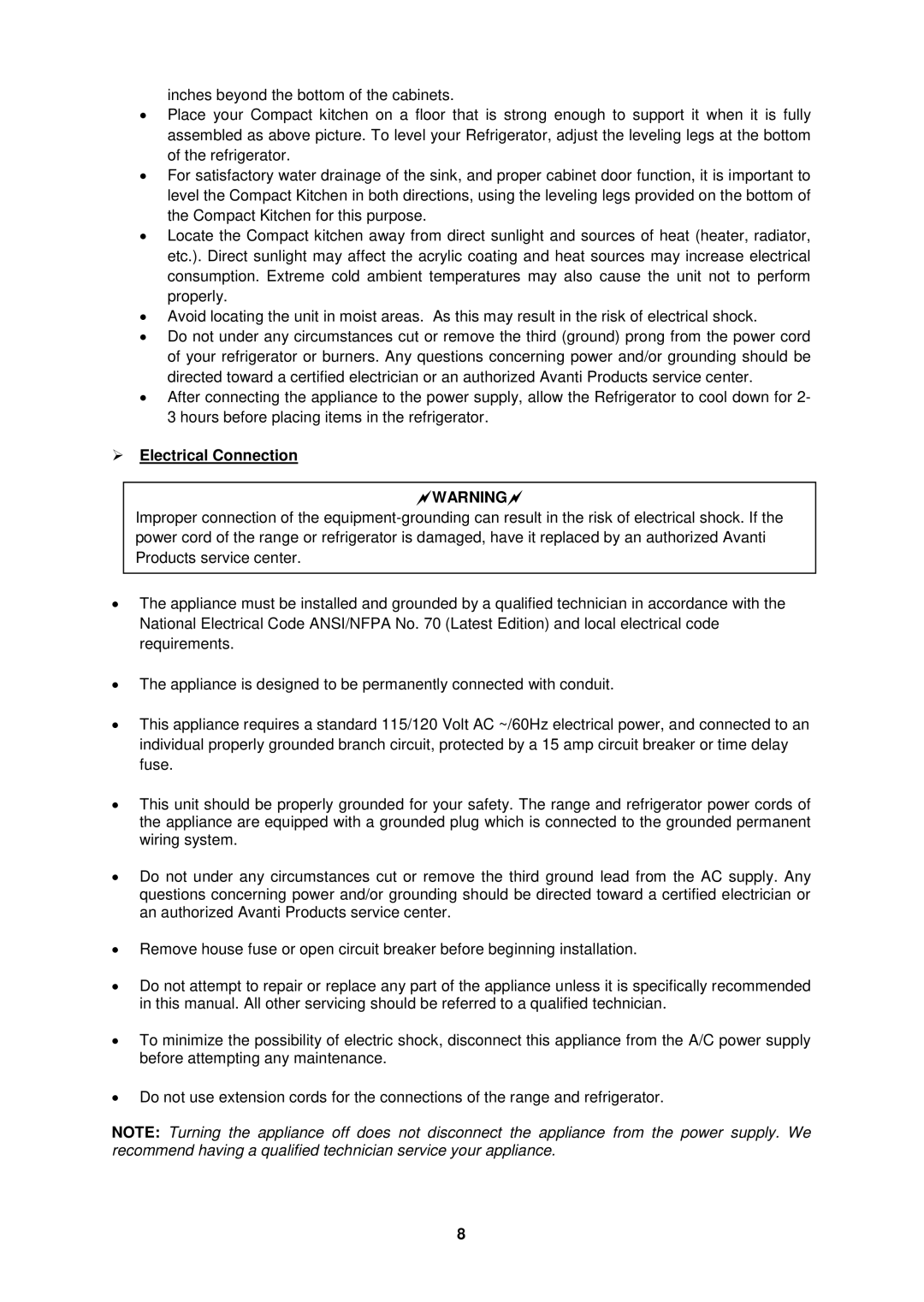 Avanti CK36-1 instruction manual  Electrical Connection, Warning 