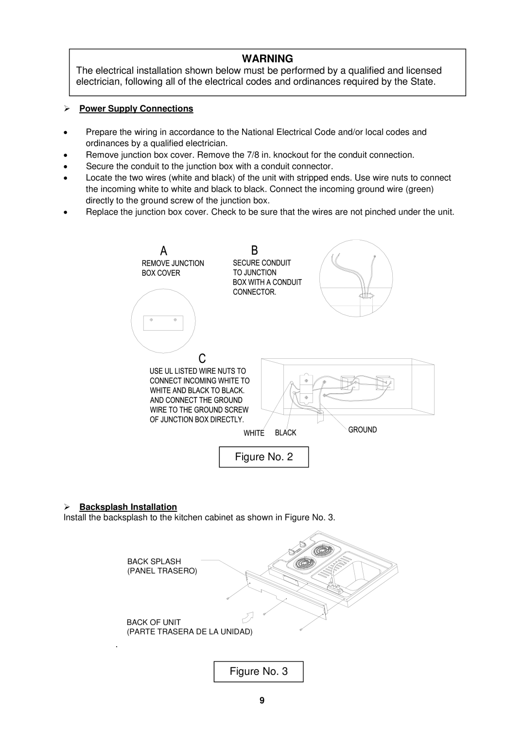 Avanti CK36-1 instruction manual  Power Supply Connections,  Backsplash Installation 