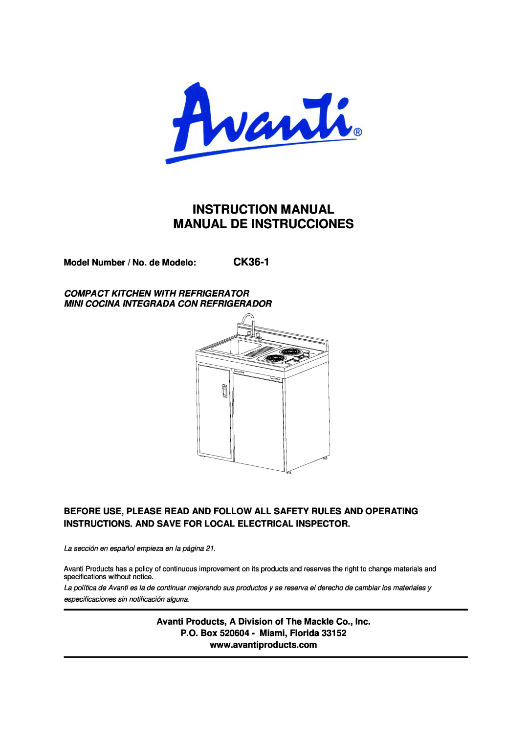 Avanti CK36-1 instruction manual Model Number / No. de Modelo, Compact Kitchen With Refrigerator 