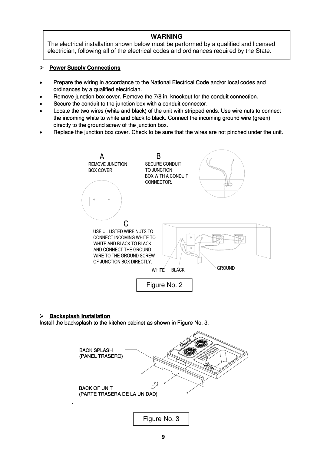 Avanti CK36-1 instruction manual Figure No, Power Supply Connections, Backsplash Installation, Back Splash Panel Trasero 