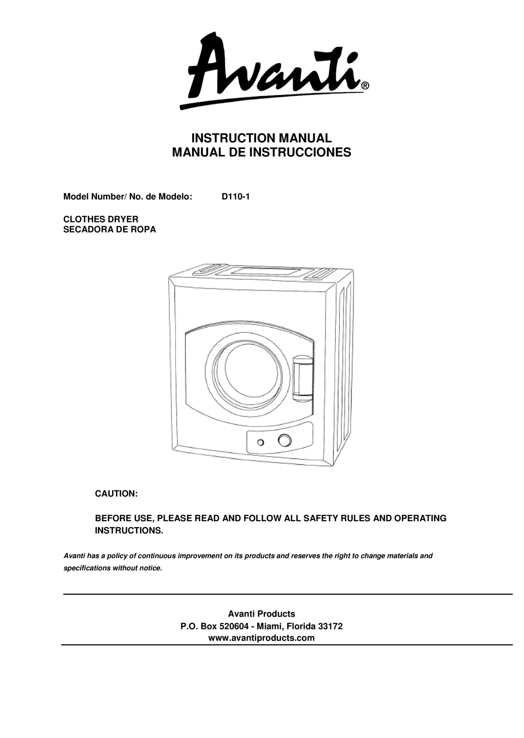 Avanti D110-1 instruction manual Manual DE Instrucciones 