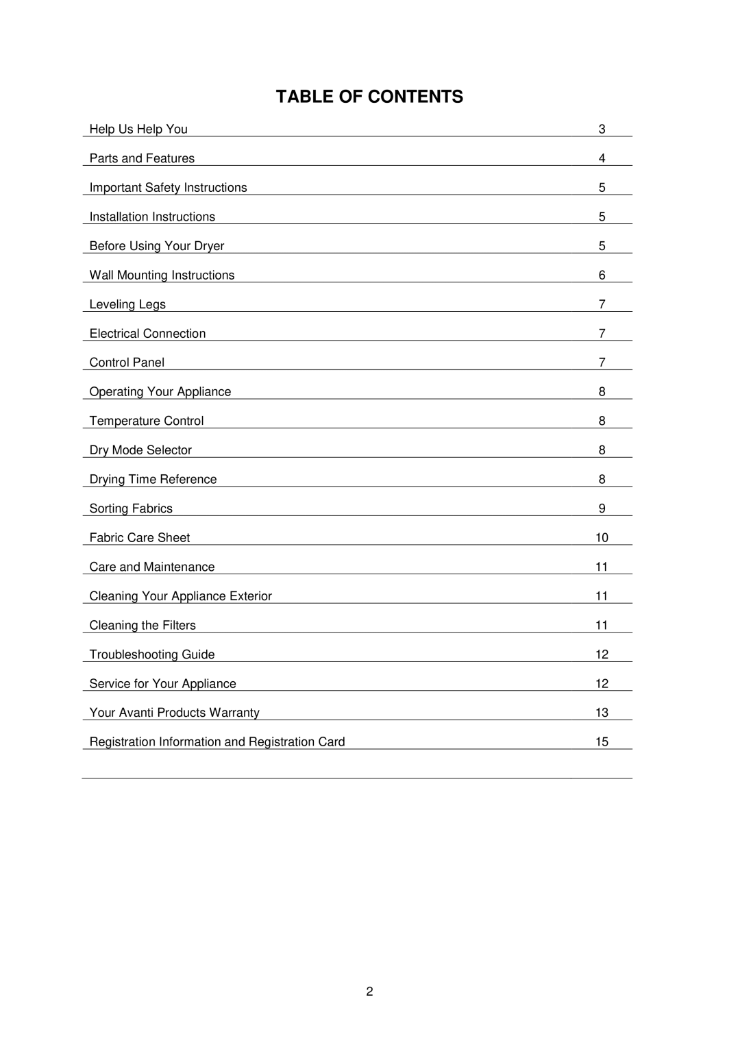 Avanti D110-1 instruction manual Table of Contents 