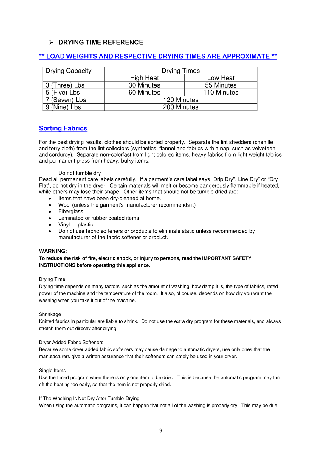 Avanti D110-1 instruction manual Load Weights and Respective Drying Times are Approximate 