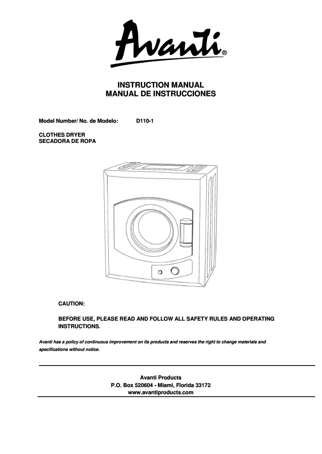Avanti D110-1 instruction manual Instruction Manual Manual De Instrucciones, Model Number/ No. de Modelo 