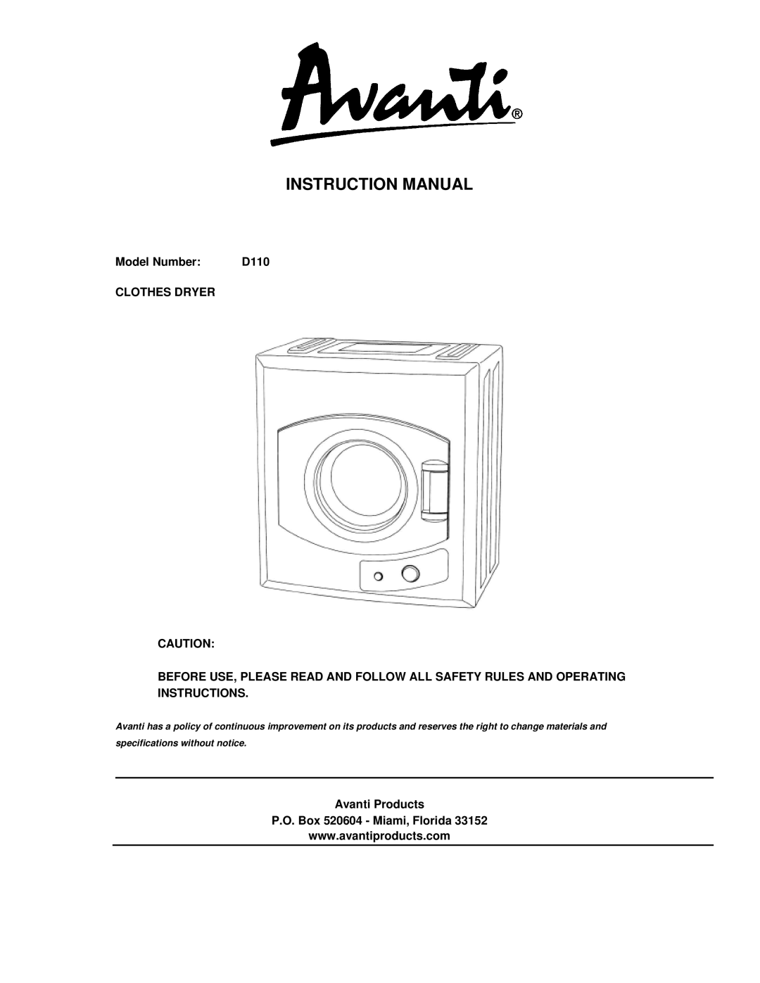 Avanti instruction manual Model Number D110 