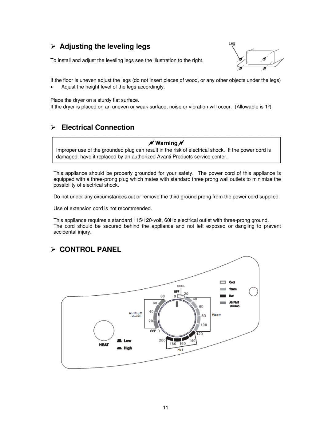 Avanti D110 instruction manual ¾ Adjusting the leveling legs, ¾ Electrical Connection 