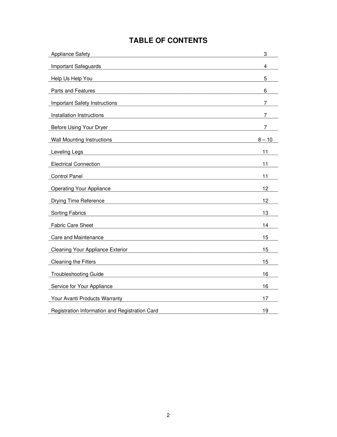 Avanti D110 instruction manual Table of Contents 