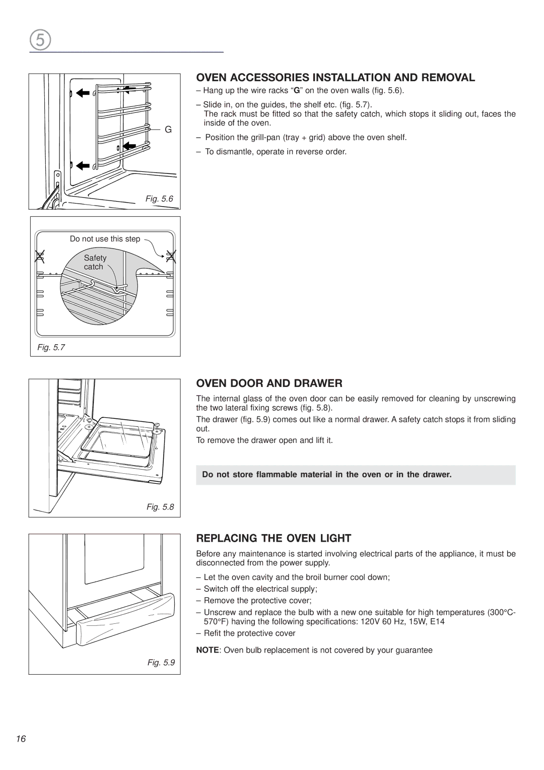 Avanti DG 2401 C warranty Oven Accessories Installation and Removal, Oven Door and Drawer, Replacing the Oven Light 