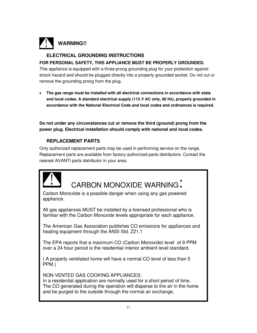 Avanti DG2450SS, DG2451W  Electrical Grounding Instructions,  Replacement Parts, NON-VENTED GAS Cooking Appliances 