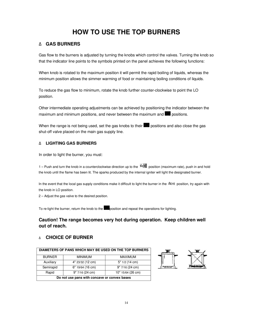 Avanti DG2451W, DG2450SS instruction manual HOW to USE the TOP Burners,  GAS Burners,  Choice of Burner 