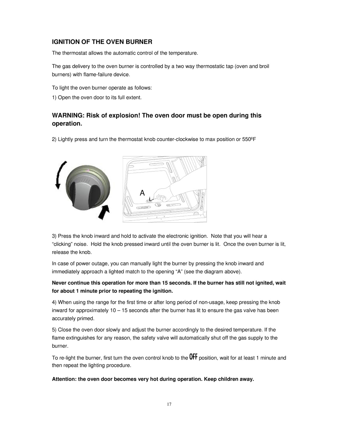 Avanti DG2450SS, DG2451W instruction manual Ignition of the Oven Burner 