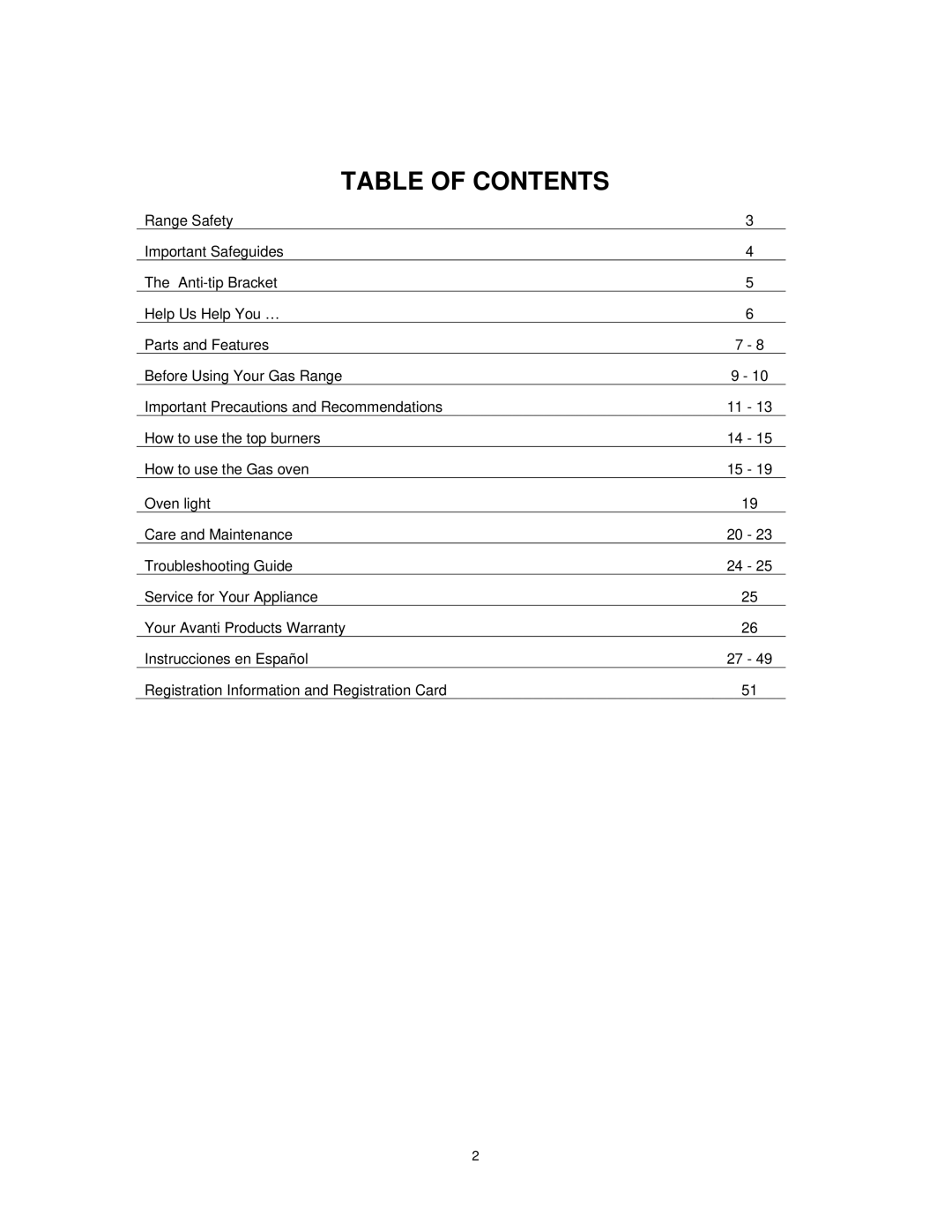 Avanti DG2451W, DG2450SS instruction manual Table of Contents 