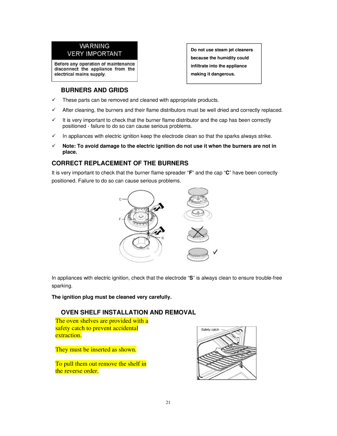 Avanti DG2450SS, DG2451W Burners and Grids, Correct Replacement of the Burners, Oven Shelf Installation and Removal 