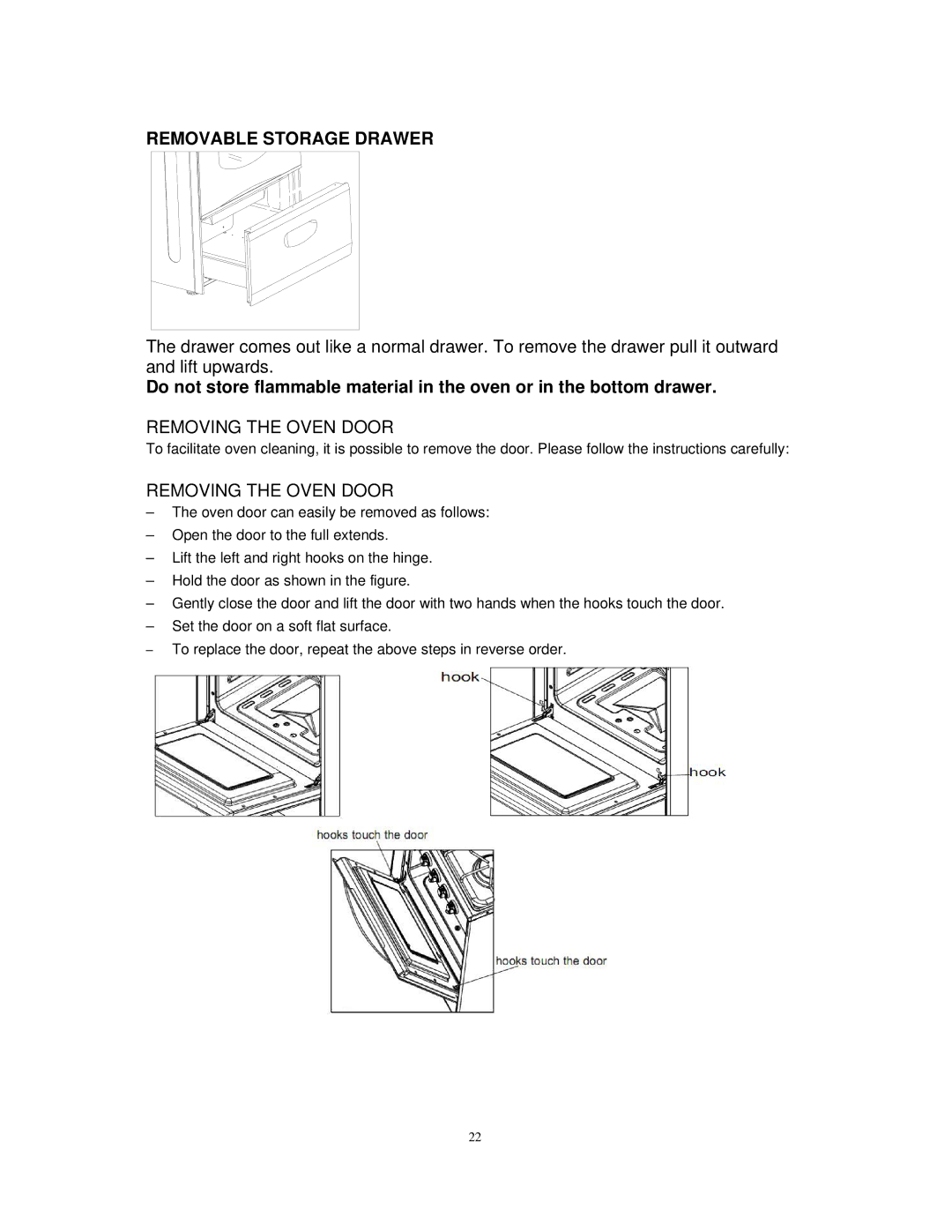 Avanti DG2451W, DG2450SS instruction manual Removable Storage Drawer, Removing the Oven Door 