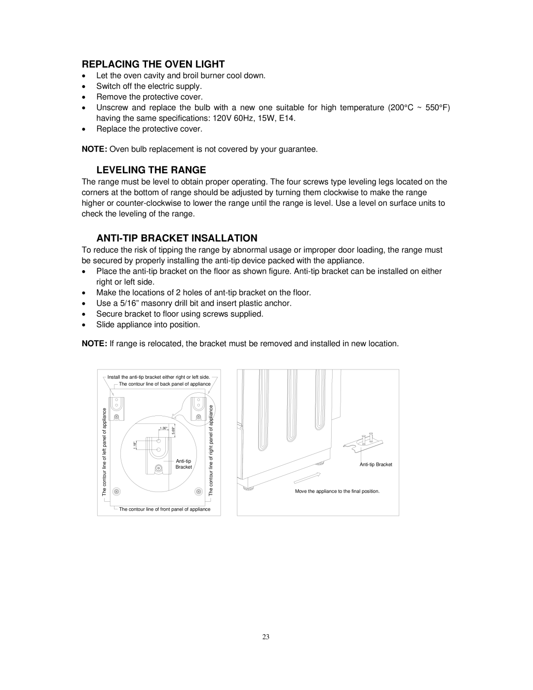 Avanti DG2450SS, DG2451W instruction manual Replacing the Oven Light, Leveling the Range, ANTI-TIP Bracket Insallation 