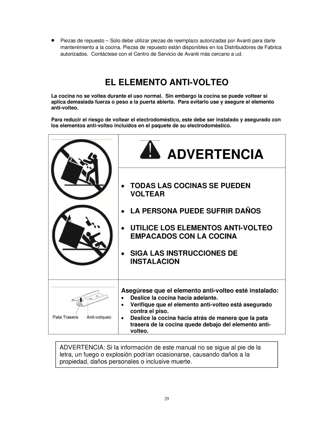 Avanti DG2450SS, DG2451W instruction manual Advertencia, EL Elemento ANTI-VOLTEO 