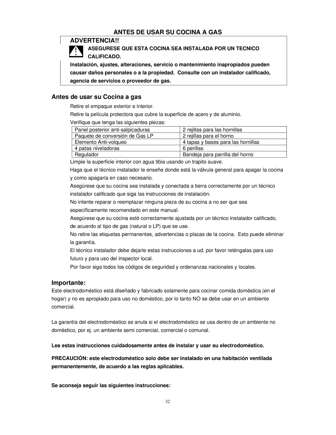 Avanti DG2451W, DG2450SS instruction manual Antes DE Usar SU Cocina a GAS Advertencia, Antes de usar su Cocina a gas 