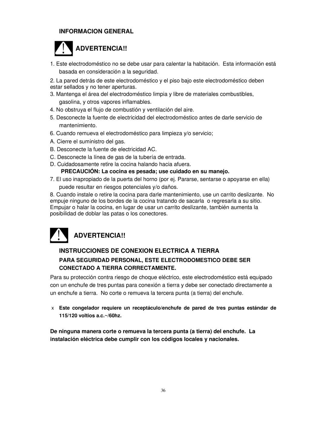 Avanti DG2451W, DG2450SS instruction manual  Informacion General,  Instrucciones DE Conexion Electrica a Tierra 