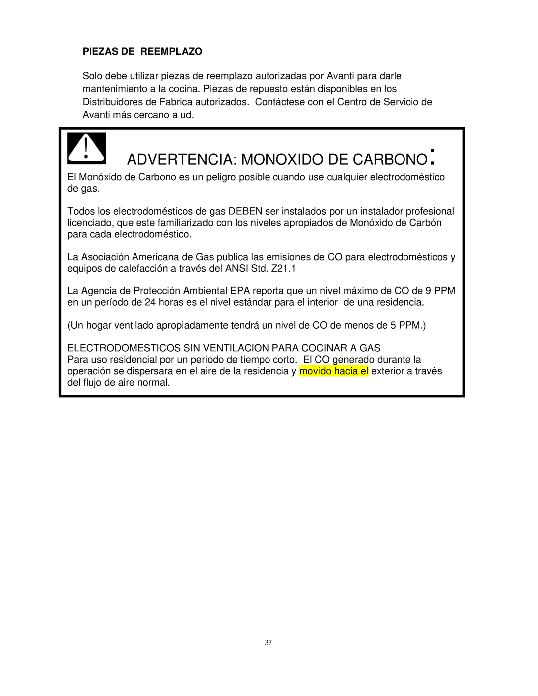 Avanti DG2450SS, DG2451W instruction manual Piezas DE Reemplazo, Electrodomesticos SIN Ventilacion Para Cocinar a GAS 