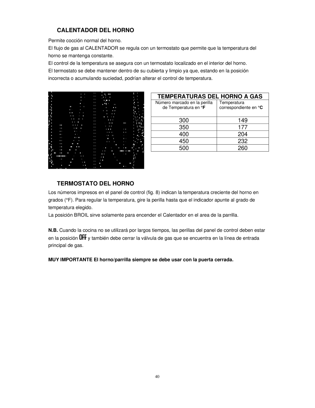 Avanti DG2451W, DG2450SS instruction manual  Calentador DEL Horno, Temperaturas DEL Horno a GAS,  Termostato DEL Horno 