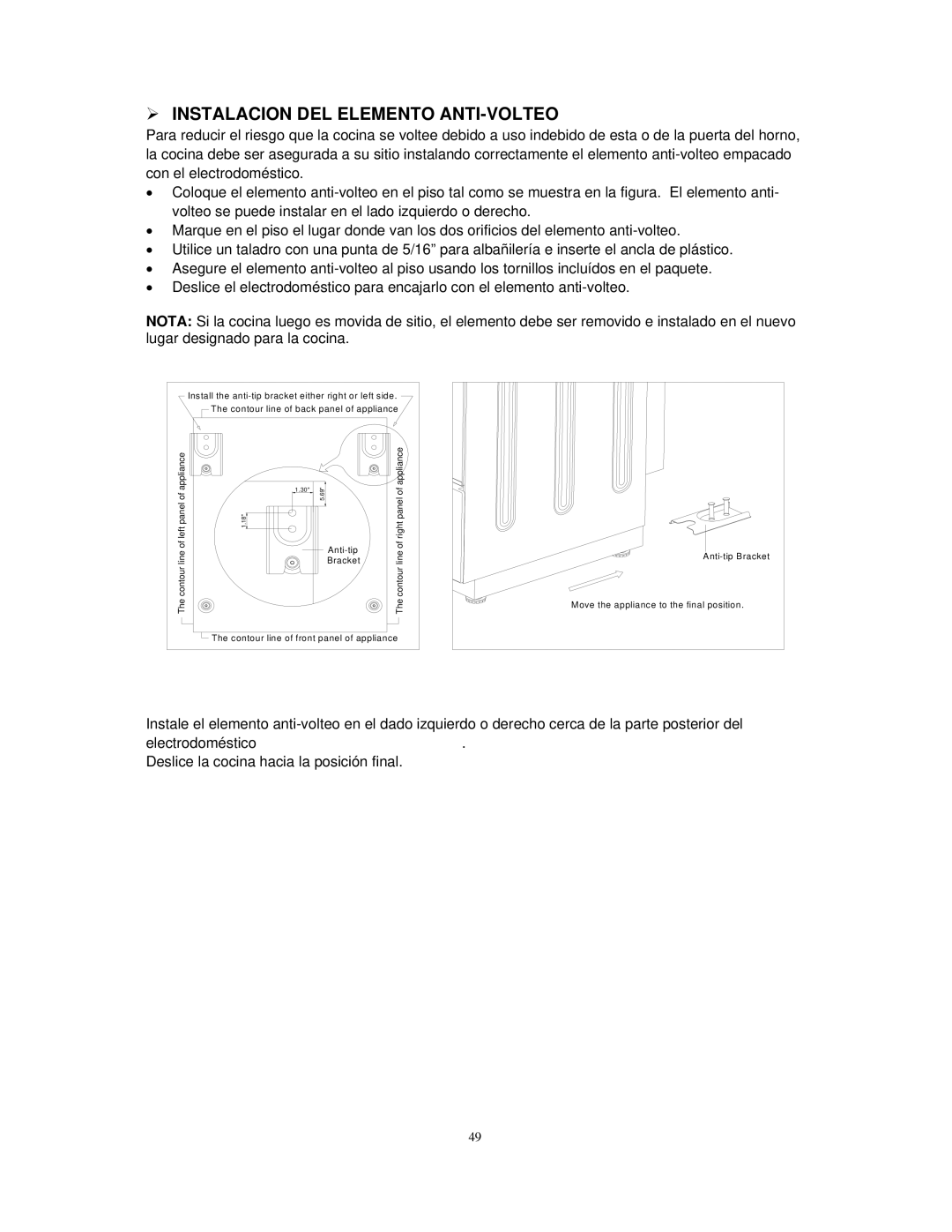 Avanti DG2450SS, DG2451W instruction manual  Instalacion DEL Elemento ANTI-VOLTEO 