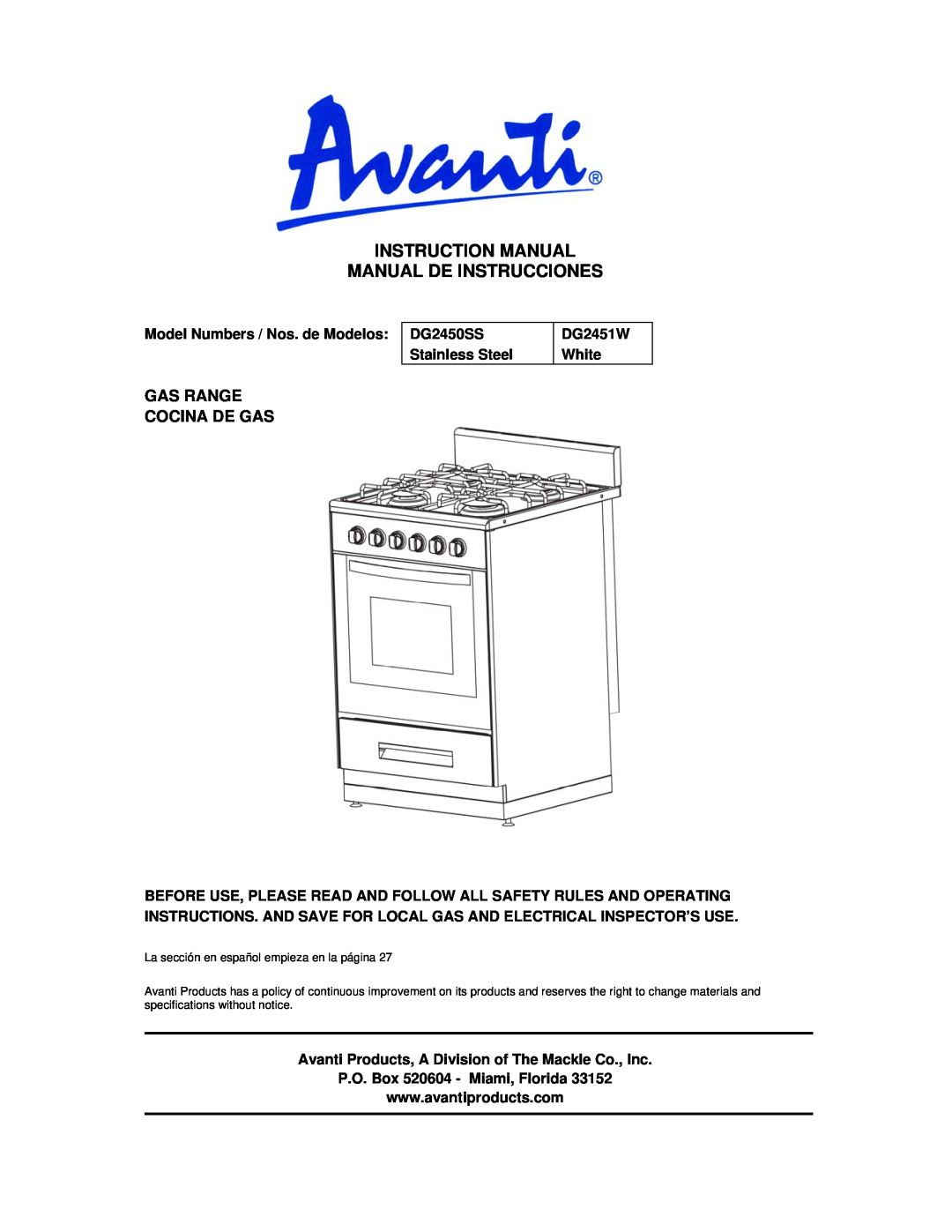 Avanti instruction manual Gas Range Cocina De Gas, DG2450SS Stainless Steel, La sección en español empieza en la página 