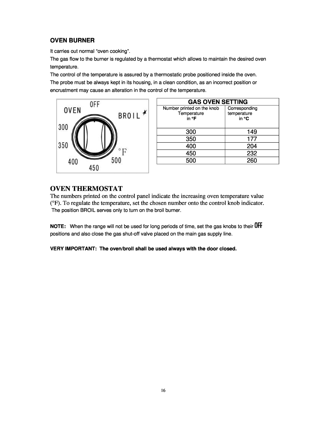 Avanti DG2451W, DG2450SS instruction manual Oven Burner, Gas Oven Setting, Oven Thermostat 