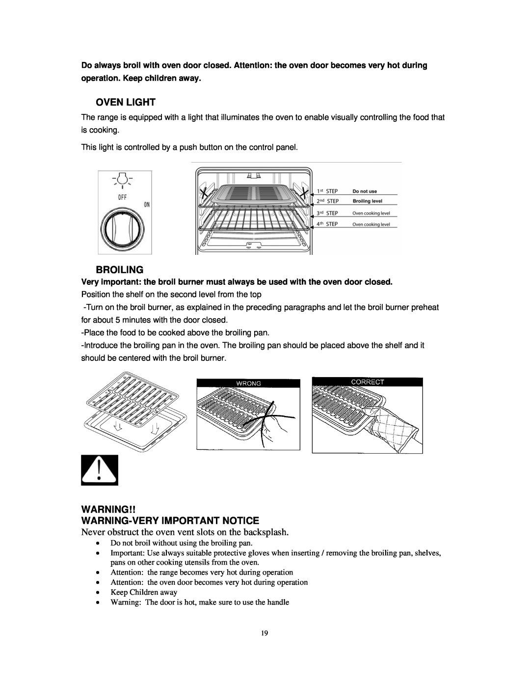 Avanti DG2450SS Oven Light, Broiling, Warning-Very Important Notice, Never obstruct the oven vent slots on the backsplash 