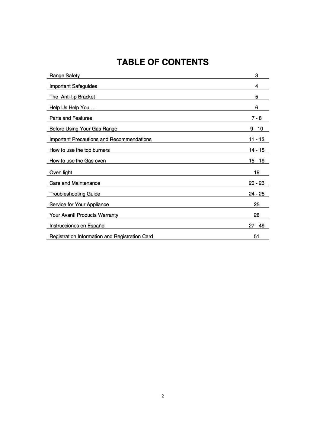 Avanti DG2451W, DG2450SS instruction manual Table Of Contents 