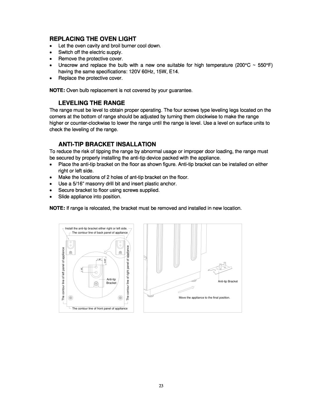 Avanti DG2450SS, DG2451W instruction manual Replacing The Oven Light, Leveling The Range, Anti-Tip Bracket Insallation 