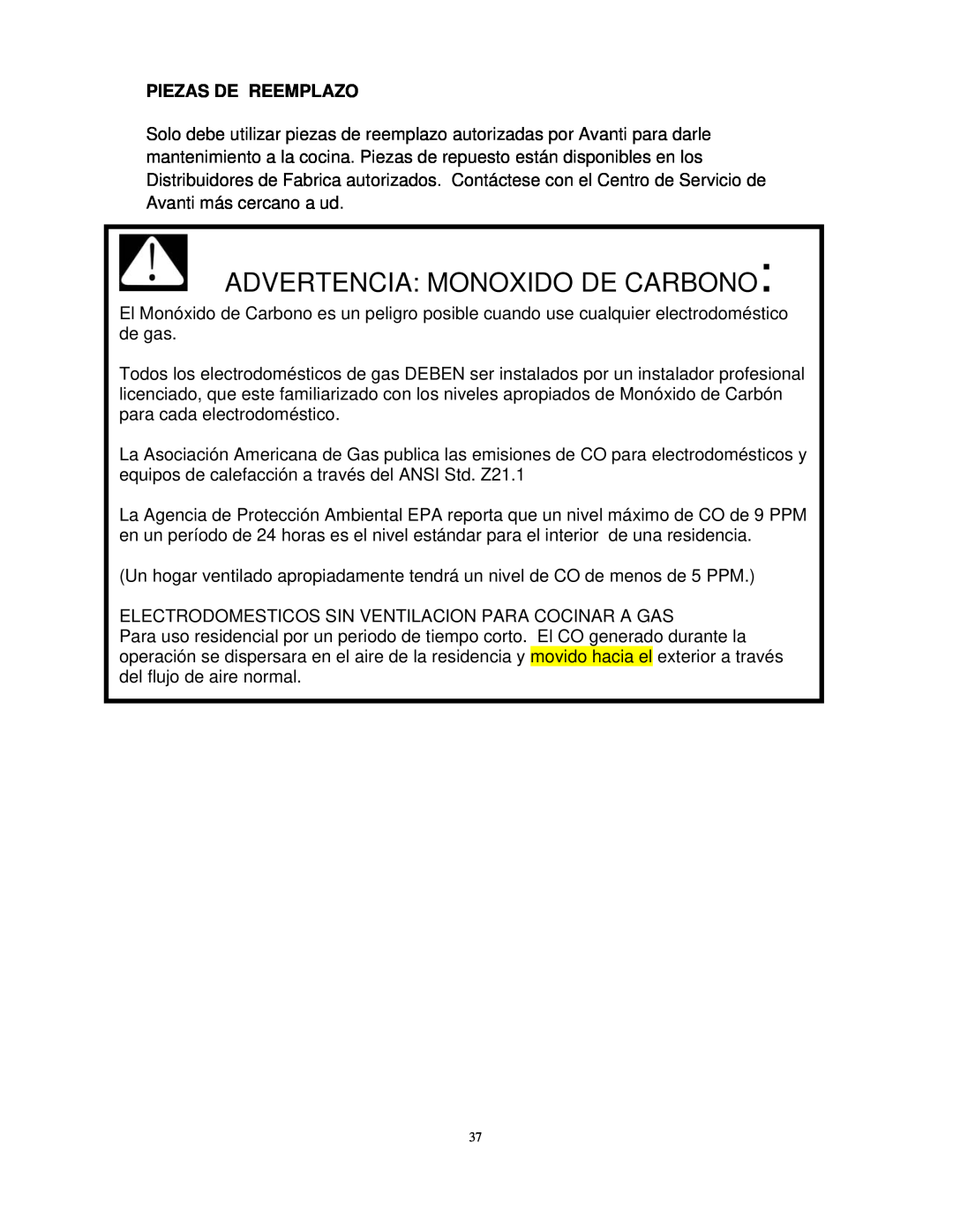 Avanti DG2450SS, DG2451W instruction manual Advertencia Monoxido De Carbono, Piezas De Reemplazo 