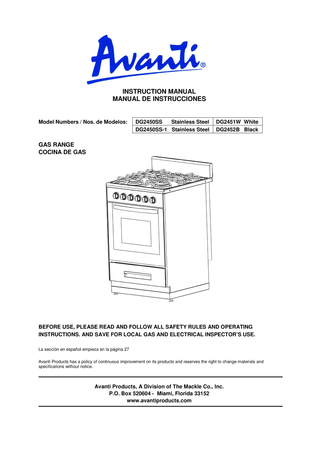 Avanti DG2452B, DG2451W, DG2450SS-1 instruction manual Manual DE Instrucciones, GAS Range Cocina DE GAS 