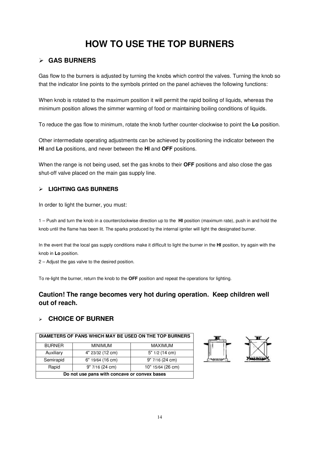 Avanti DG2450SS-1, DG2451W, DG2452B instruction manual HOW to USE the TOP Burners,  GAS Burners,  Choice of Burner 