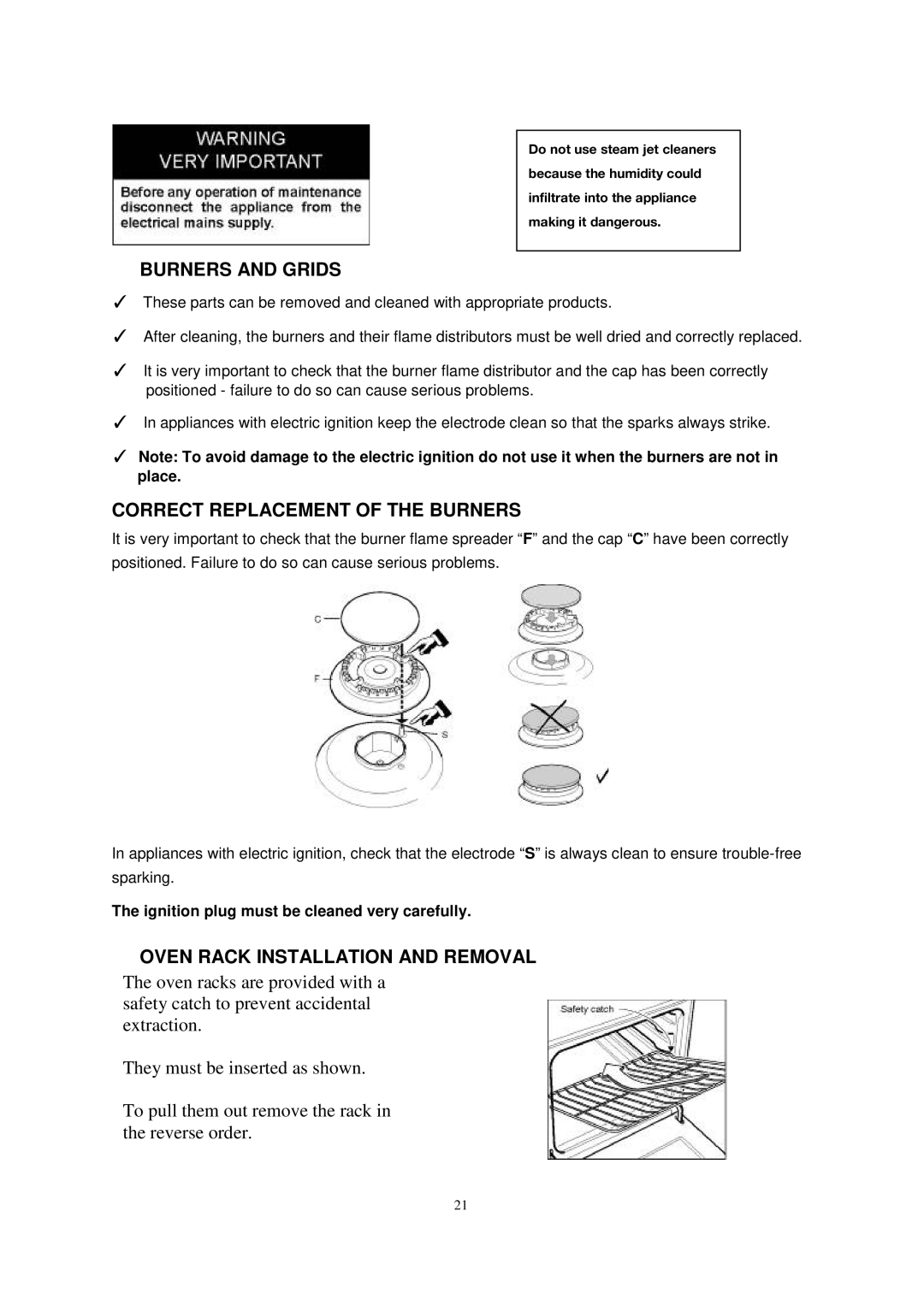 Avanti DG2452B, DG2451W, DG2450SS Burners and Grids, Correct Replacement of the Burners, Oven Rack Installation and Removal 