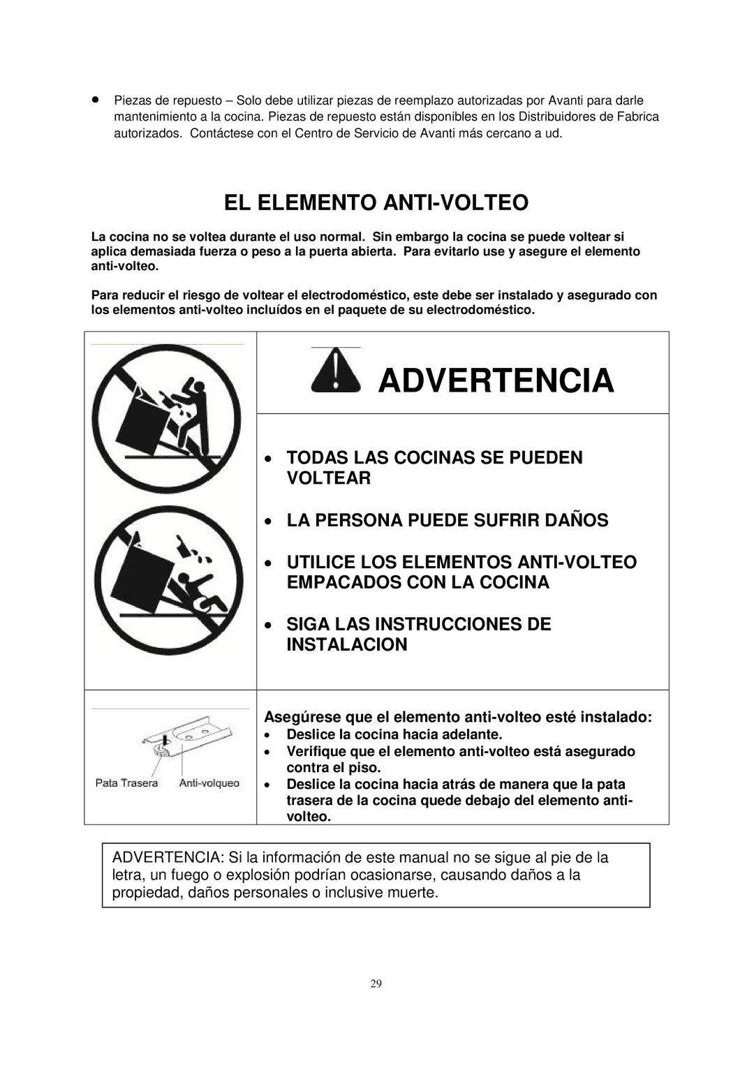 Avanti DG2452B, DG2451W, DG2450SS-1 instruction manual Advertencia, EL Elemento ANTI-VOLTEO 