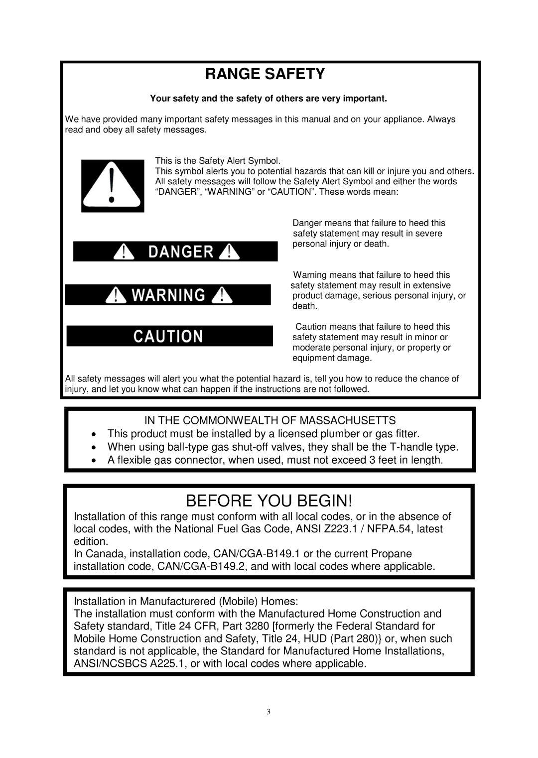 Avanti DG2451W, DG2452B, DG2450SS-1 instruction manual Range Safety, Commonwealth of Massachusetts 