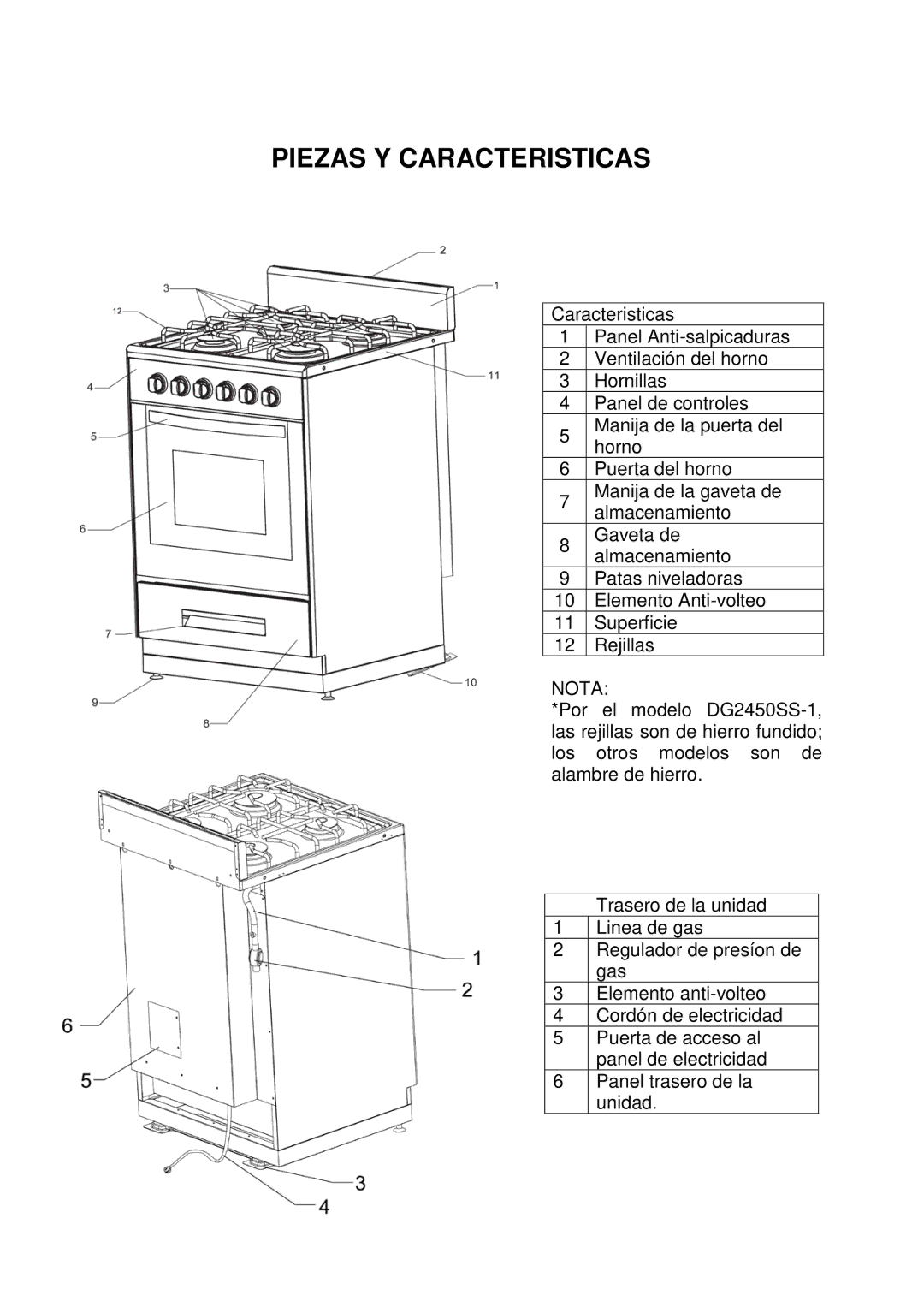 Avanti DG2450SS-1, DG2451W, DG2452B instruction manual Piezas Y Caracteristicas, Nota 