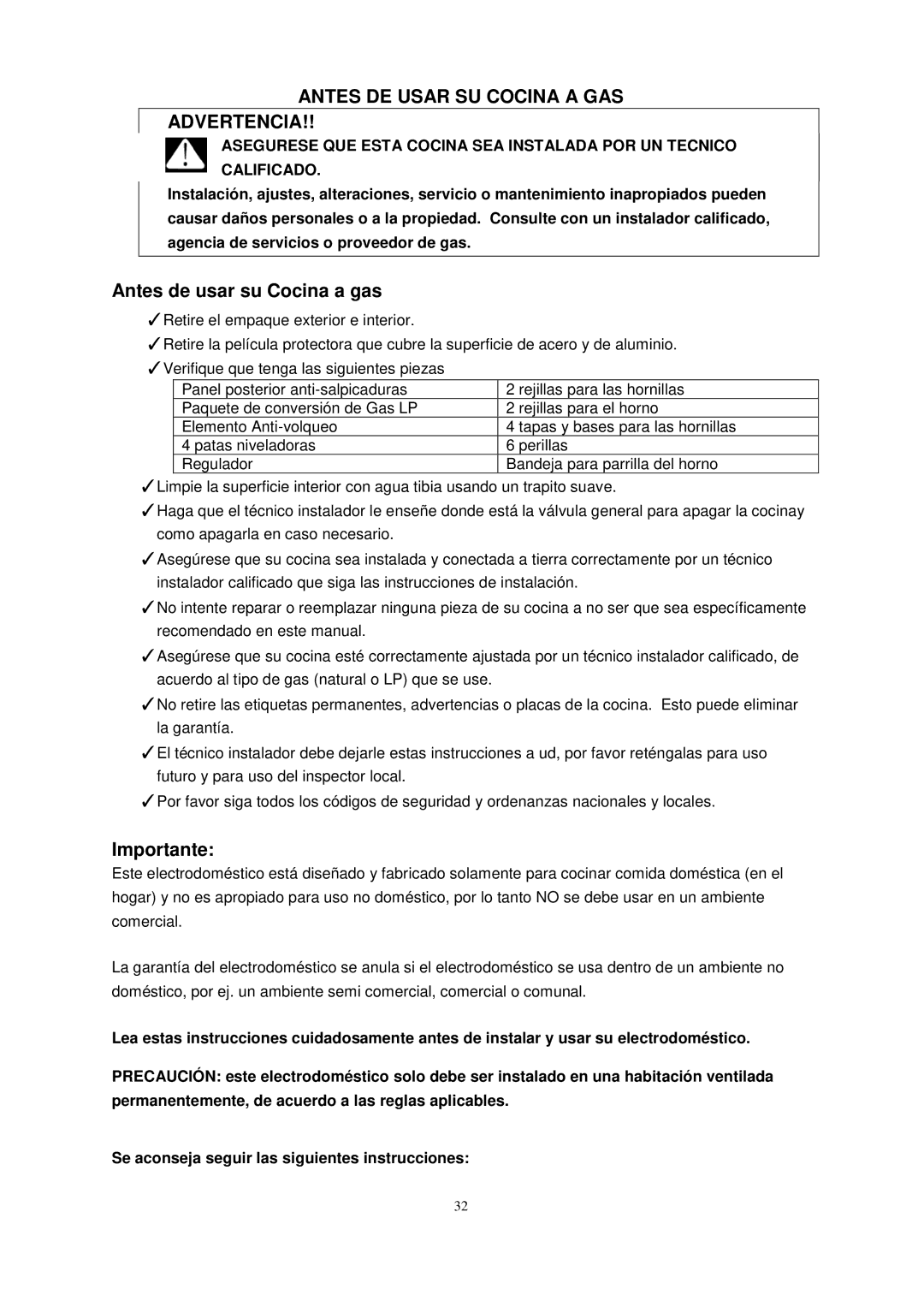 Avanti DG2451W, DG2452B, DG2450SS-1 Antes DE Usar SU Cocina a GAS Advertencia, Antes de usar su Cocina a gas 