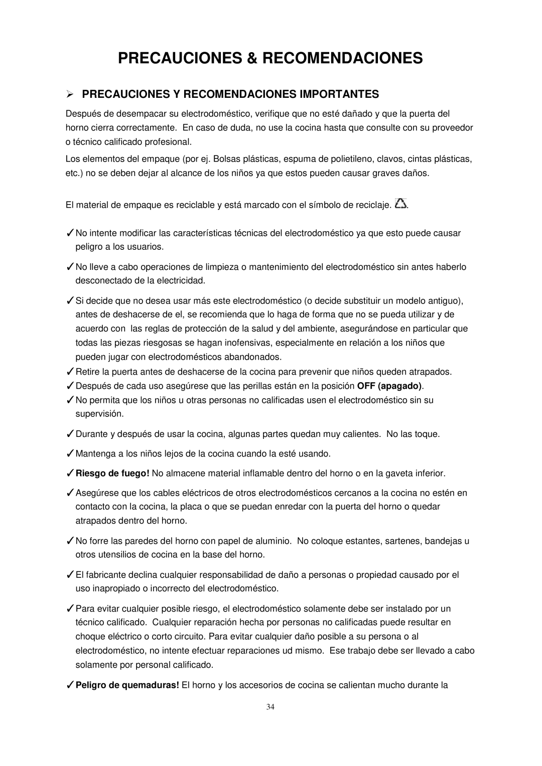 Avanti DG2450SS-1, DG2451W, DG2452B Precauciones & Recomendaciones,  Precauciones Y Recomendaciones Importantes 