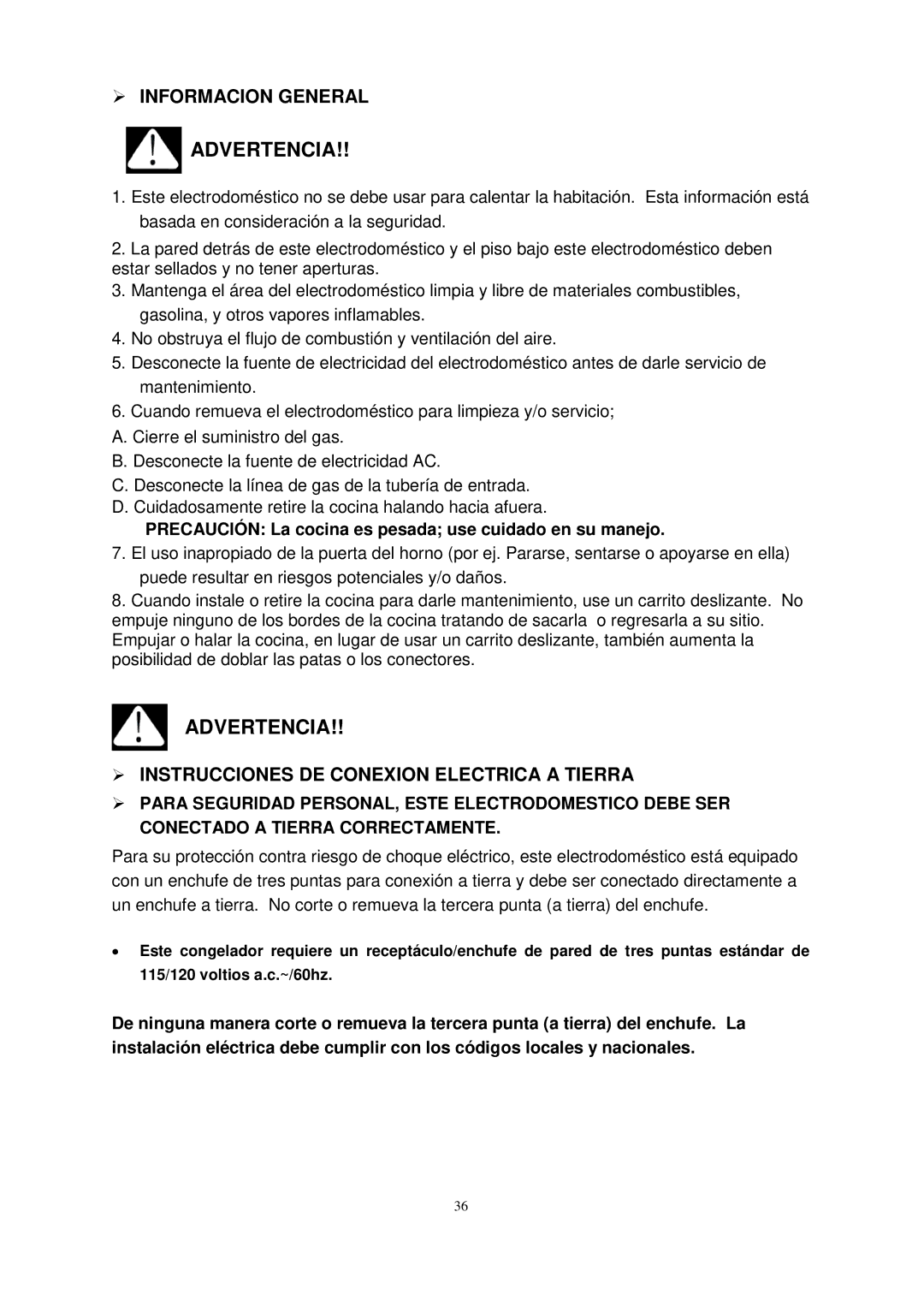 Avanti DG2451W, DG2452B, DG2450SS-1 instruction manual  Informacion General,  Instrucciones DE Conexion Electrica a Tierra 